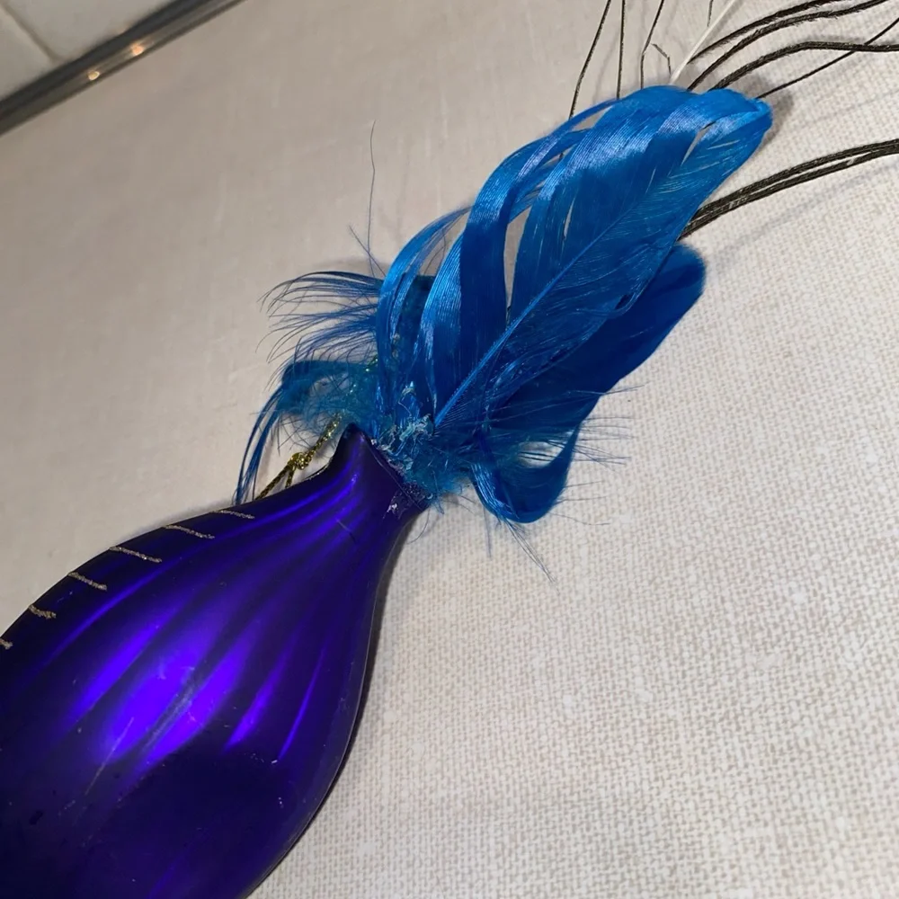 Vintage Peacock Glass Christmas Ornament With‎ Feathers